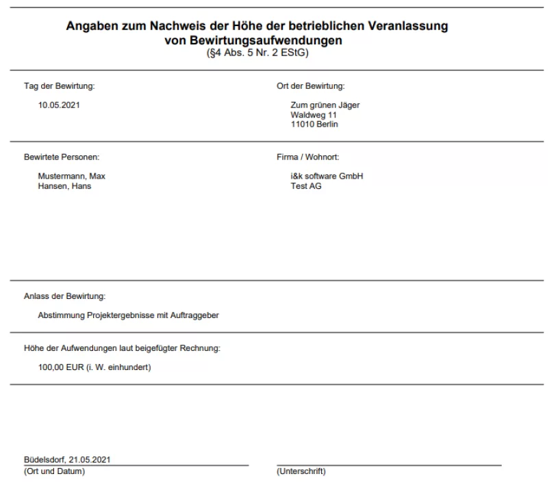Angaben Bewirtung